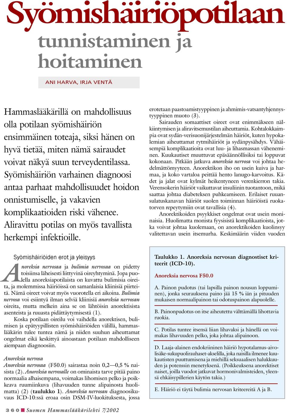 Aliravittu potilas on myös tavallista herkempi infektioille. erotetaan paastoamistyyppinen ja ahmimis-vatsantyhjennystyyppinen muoto (3).