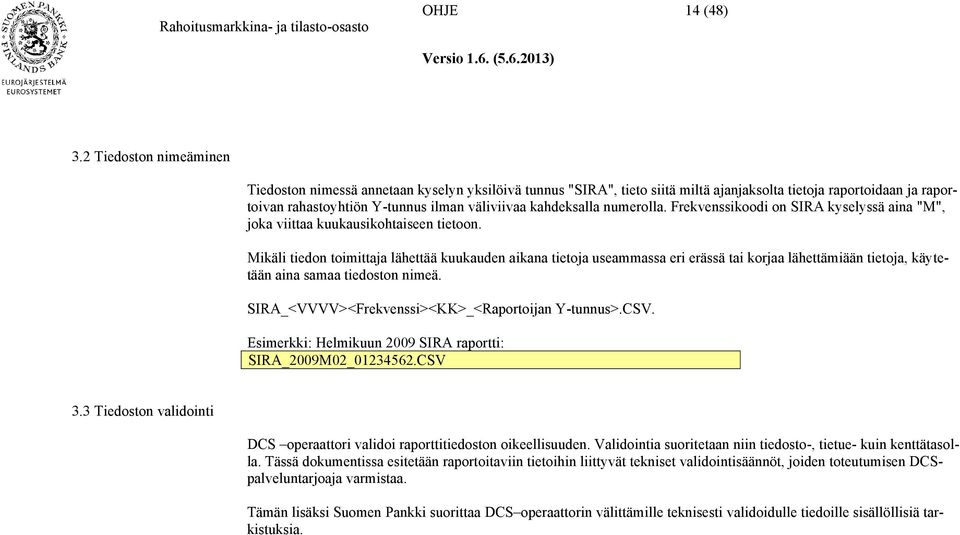 kahdeksalla numerolla. Frekvenssikoodi on SIRA kyselyssä aina "M", joka viittaa kuukausikohtaiseen tietoon.