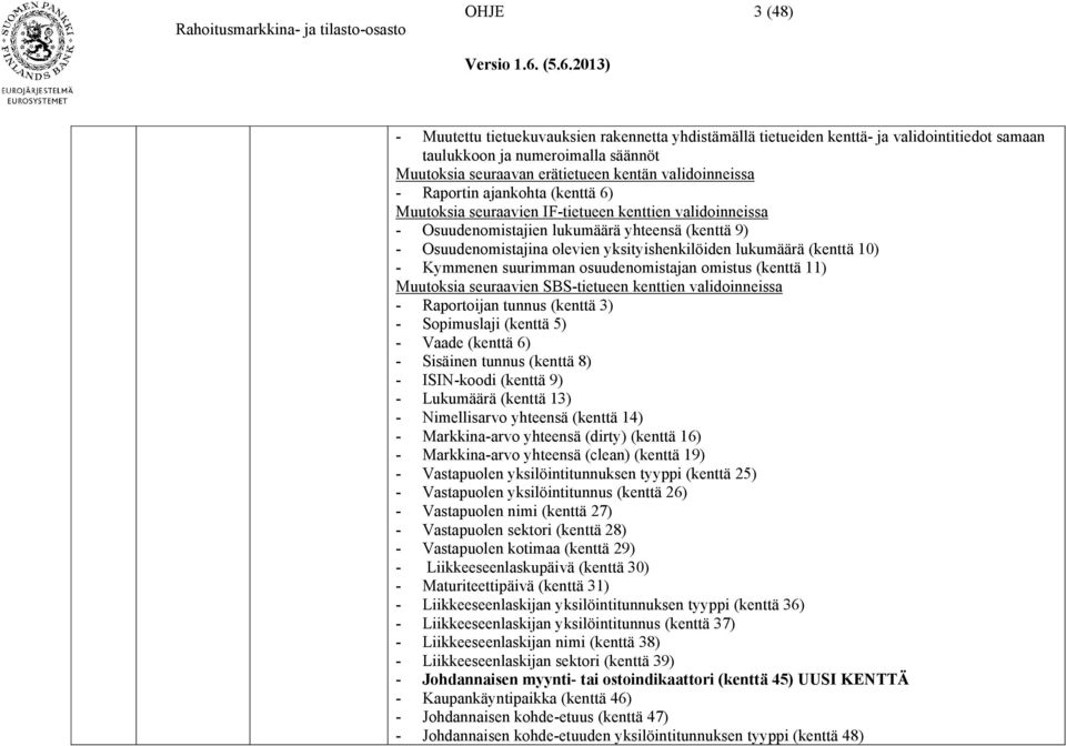 (kenttä 10) - Kymmenen suurimman osuudenomistajan omistus (kenttä 11) Muutoksia seuraavien SBS-tietueen kenttien validoinneissa - Raportoijan tunnus (kenttä 3) - Sopimuslaji (kenttä 5) - Vaade