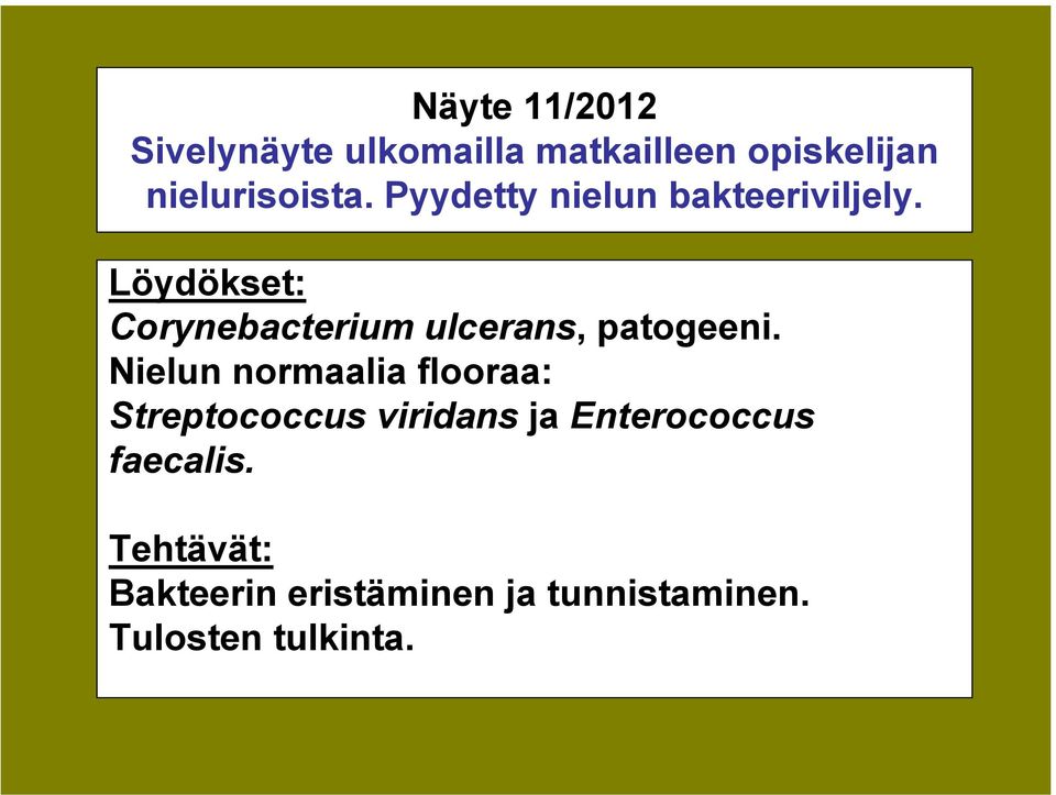 Löydökset: Corynebacterium ulcerans, patogeeni.