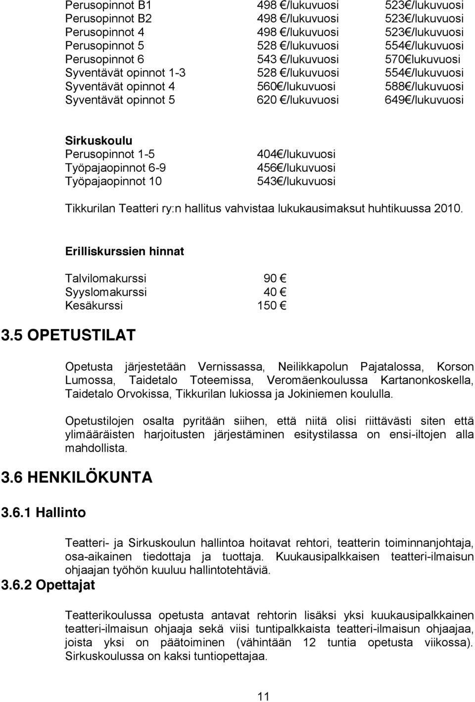 Perusopinnot 1-5 Työpajaopinnot 6-9 Työpajaopinnot 10 404 /lukuvuosi 456 /lukuvuosi 543 /lukuvuosi Tikkurilan Teatteri ry:n hallitus vahvistaa lukukausimaksut huhtikuussa 2010.