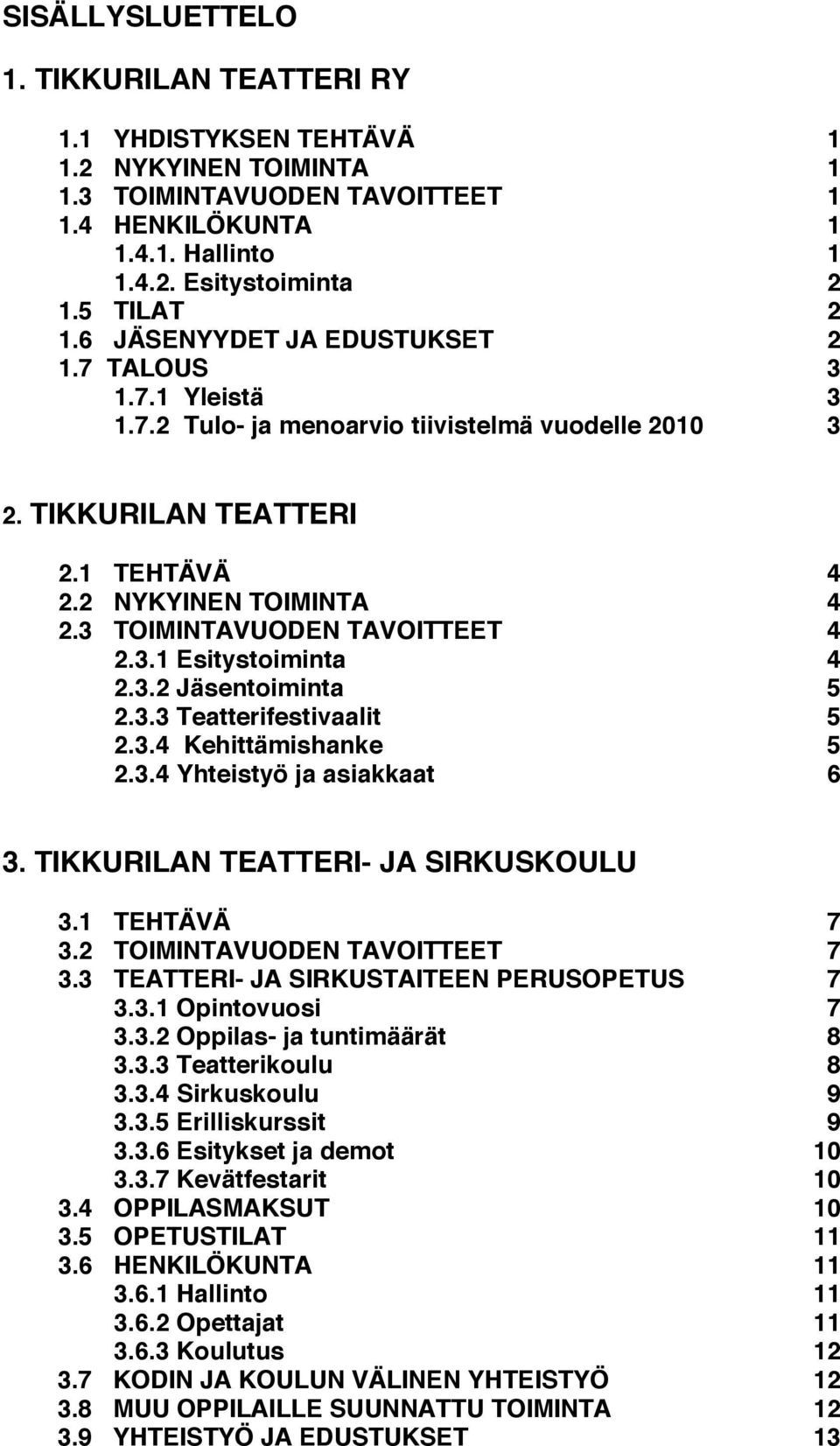 3 TOIMINTAVUODEN TAVOITTEET 4 2.3.1 Esitystoiminta 4 2.3.2 Jäsentoiminta 5 2.3.3 Teatterifestivaalit 5 2.3.4 Kehittämishanke 5 2.3.4 Yhteistyö ja asiakkaat 6 3. TIKKURILAN TEATTERI- JA SIRKUSKOULU 3.