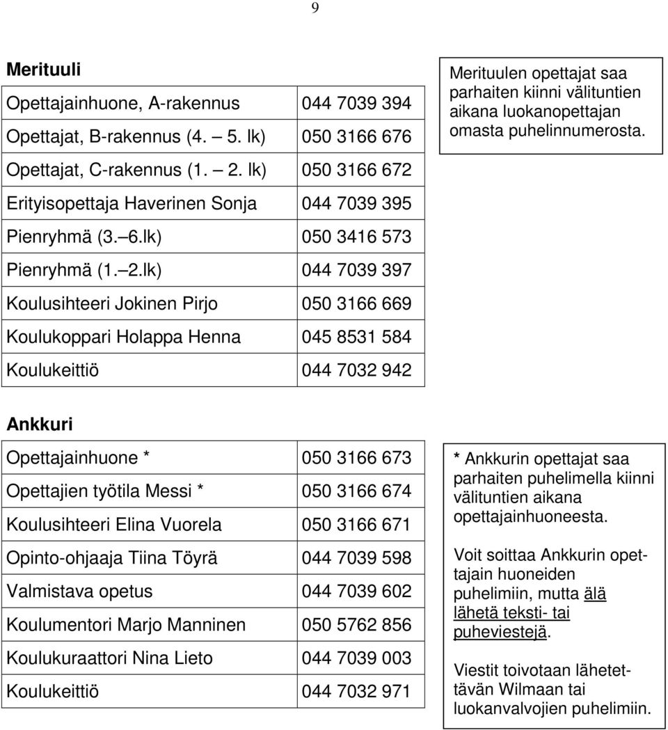 lk) 044 7039 397 Koulusihteeri Jokinen Pirjo 050 3166 669 Koulukoppari Holappa Henna 045 8531 584 Koulukeittiö 044 7032 942 Merituulen opettajat saa parhaiten kiinni välituntien aikana