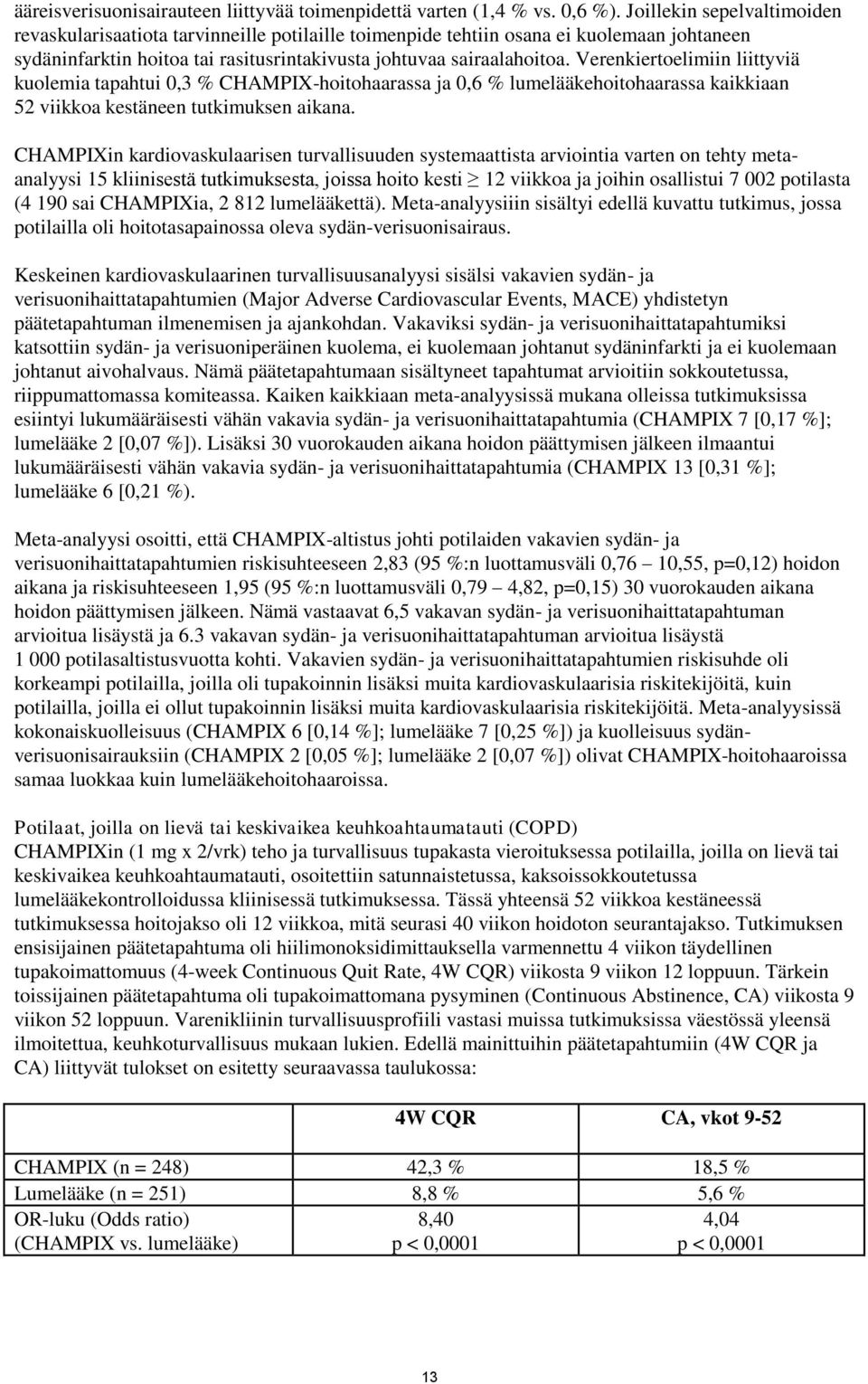 Verenkiertoelimiin liittyviä kuolemia tapahtui 0,3 % CHAMPIX-hoitohaarassa ja 0,6 % lumelääkehoitohaarassa kaikkiaan 52 viikkoa kestäneen tutkimuksen aikana.