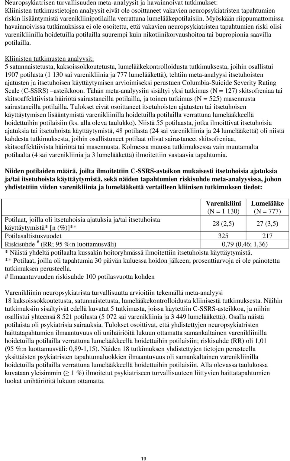 Myöskään riippumattomissa havainnoivissa tutkimuksissa ei ole osoitettu, että vakavien neuropsykiatristen tapahtumien riski olisi varenikliinilla hoidetuilla potilailla suurempi kuin