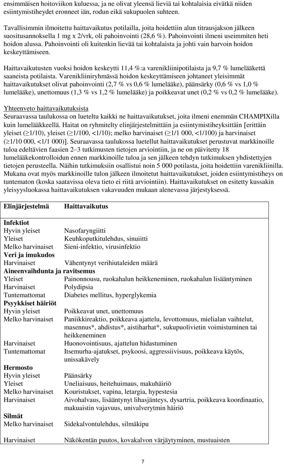 Pahoinvointi ilmeni useimmiten heti hoidon alussa. Pahoinvointi oli kuitenkin lievää tai kohtalaista ja johti vain harvoin hoidon keskeyttämiseen.