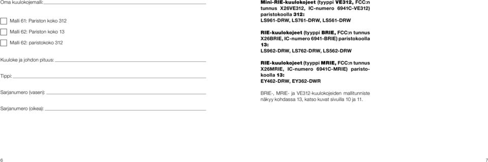 RIE-kuulokojeet (tyyppi BRIE, FCC:n tunnus X26BRIE, IC-numero 6941-BRIE) paristokoolla 13: LS962-DRW, LS762-DRW, LS562-DRW RIE-kuulokojeet (tyyppi MRIE, FCC:n