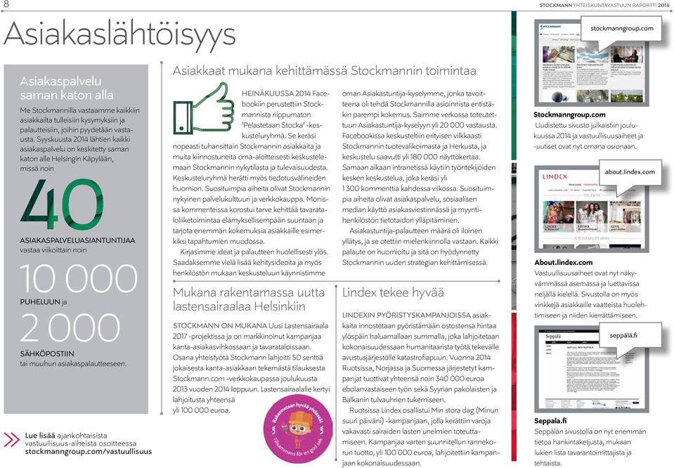 Syyskuusta 2014 lähtien kaikki asiakaspalvelu on keskitetty saman katon alle Helsingin Käpylään, missä noin ASIAKASPALVELUASIANTUNTIJAA vastaa viikoittain noin 10 000 PUHELUUN ja 2 000 SÄHKÖPOSTIIN