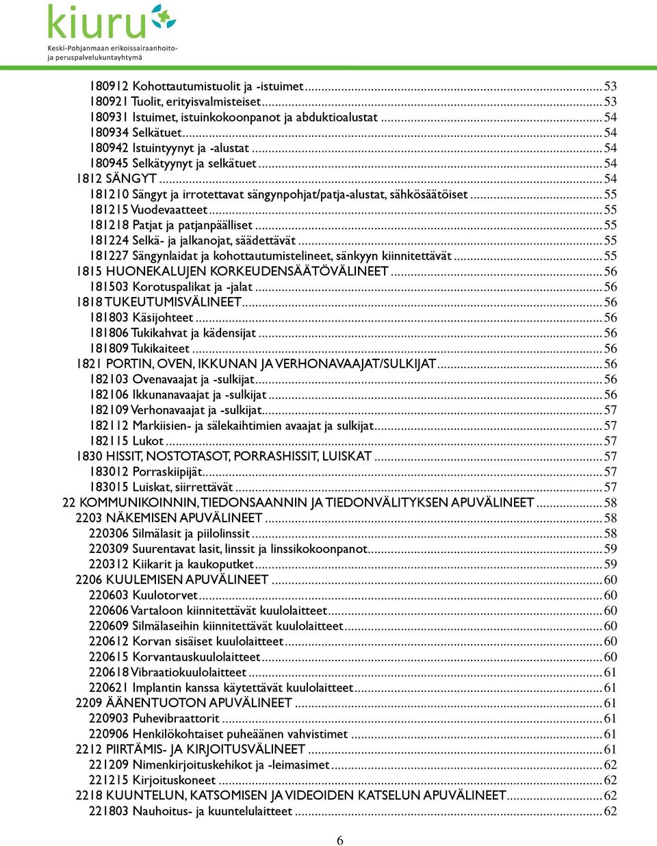 .. 55 181224 Selkä- ja jalkanojat, säädettävät... 55 181227 Sängynlaidat ja kohottautumistelineet, sänkyyn kiinnitettävät... 55 1815 HUONEKALUJEN KORKEUDENSÄÄTÖVÄLINEET.