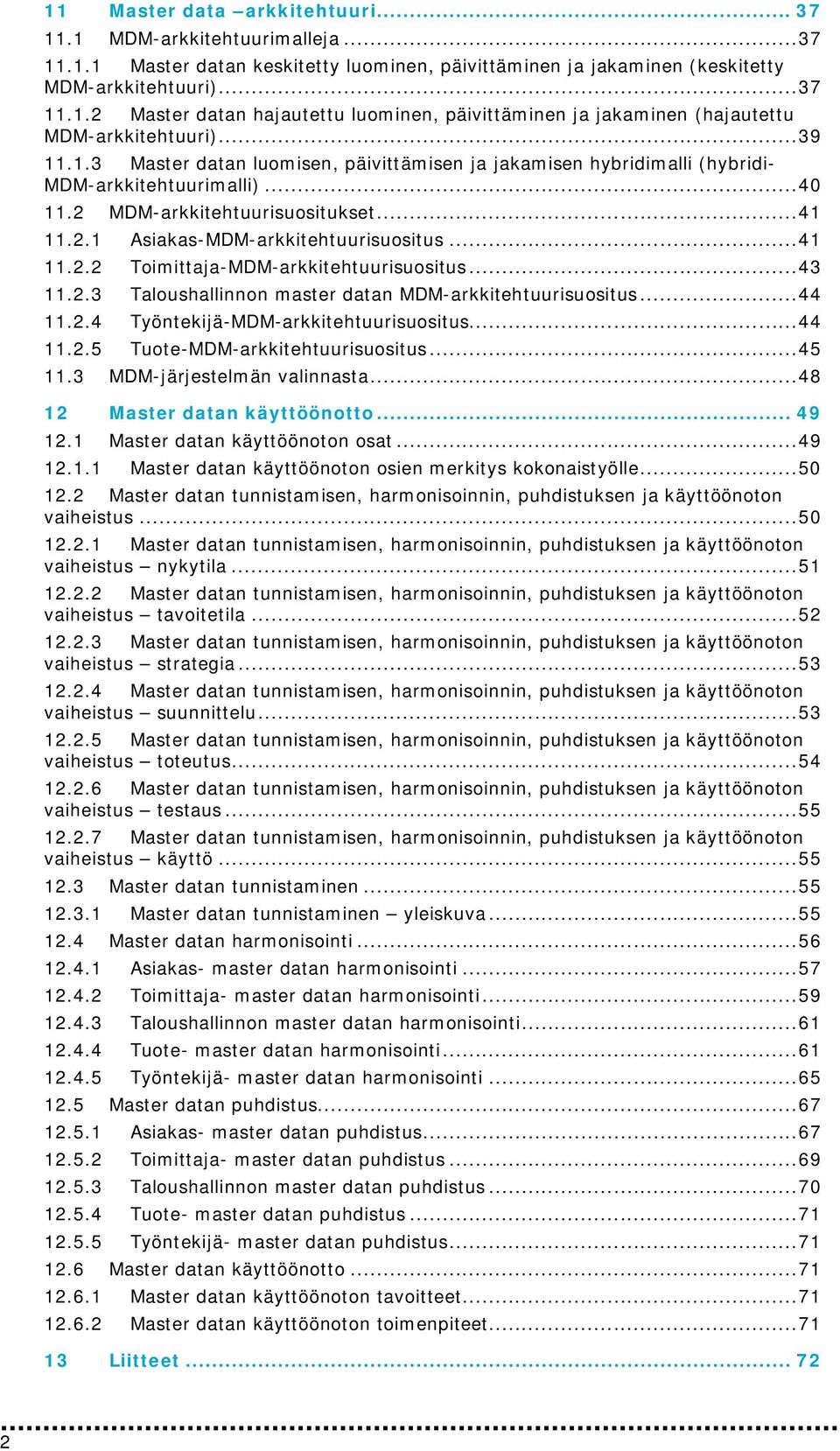 .. 41 11.2.2 Toimittaja-MDM-arkkitehtuurisuositus... 43 11.2.3 Taloushallinnon master datan MDM-arkkitehtuurisuositus... 44 11.2.4 Työntekijä-MDM-arkkitehtuurisuositus... 44 11.2.5 Tuote-MDM-arkkitehtuurisuositus.