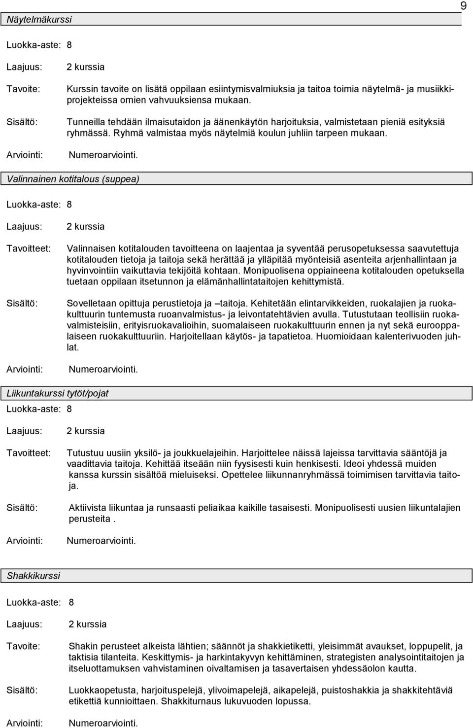 Valinnainen kotitalous (suppea) Tavoitteet: Valinnaisen kotitalouden tavoitteena on laajentaa ja syventää perusopetuksessa saavutettuja kotitalouden tietoja ja taitoja sekä herättää ja ylläpitää