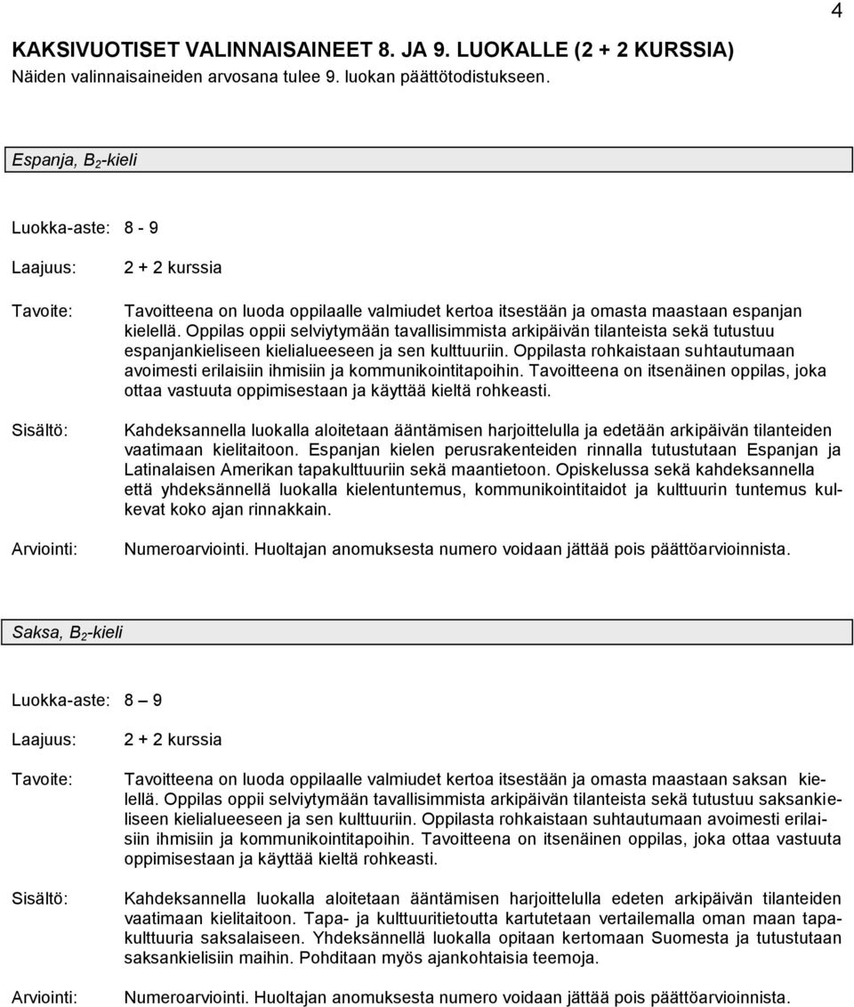 Oppilas oppii selviytymään tavallisimmista arkipäivän tilanteista sekä tutustuu espanjankieliseen kielialueeseen ja sen kulttuuriin.