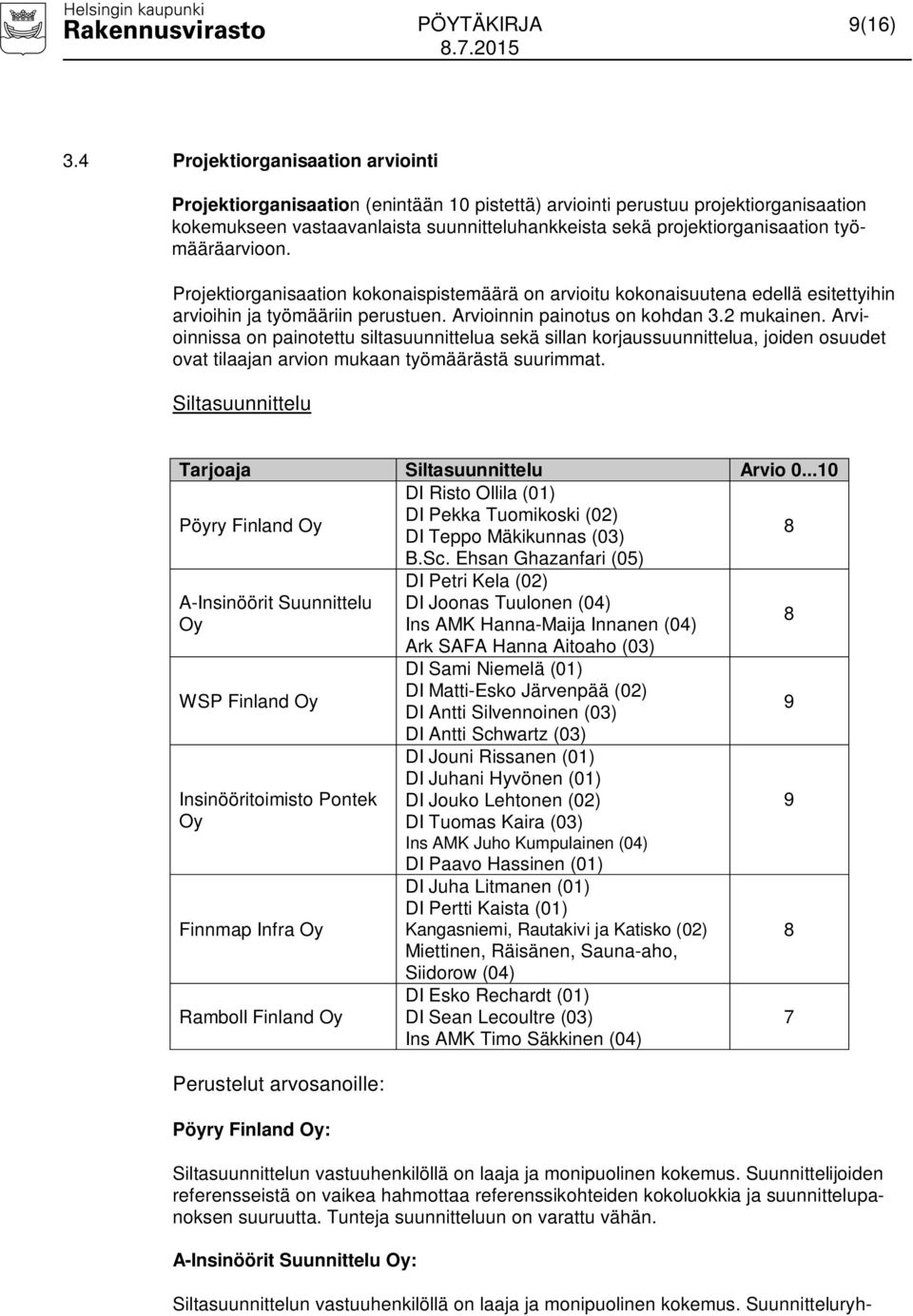 työmääräarvioon. Projektiorganisaation kokonaispistemäärä on arvioitu kokonaisuutena edellä esitettyihin arvioihin ja työmääriin perustuen. Arvioinnin painotus on kohdan 3.2 mukainen.