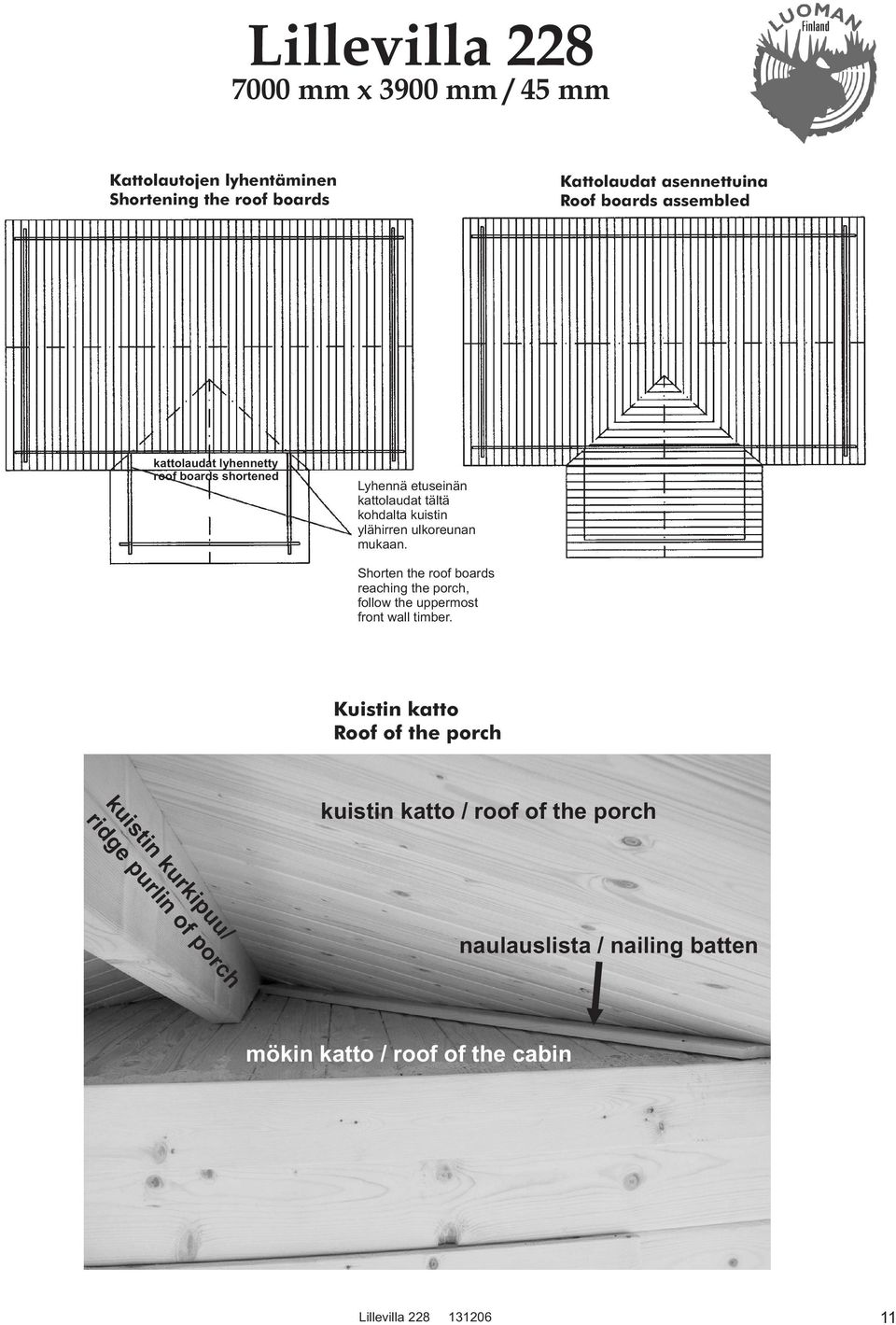 Shorten the roof boards reaching the porch, follow the uppermost front wall timber.