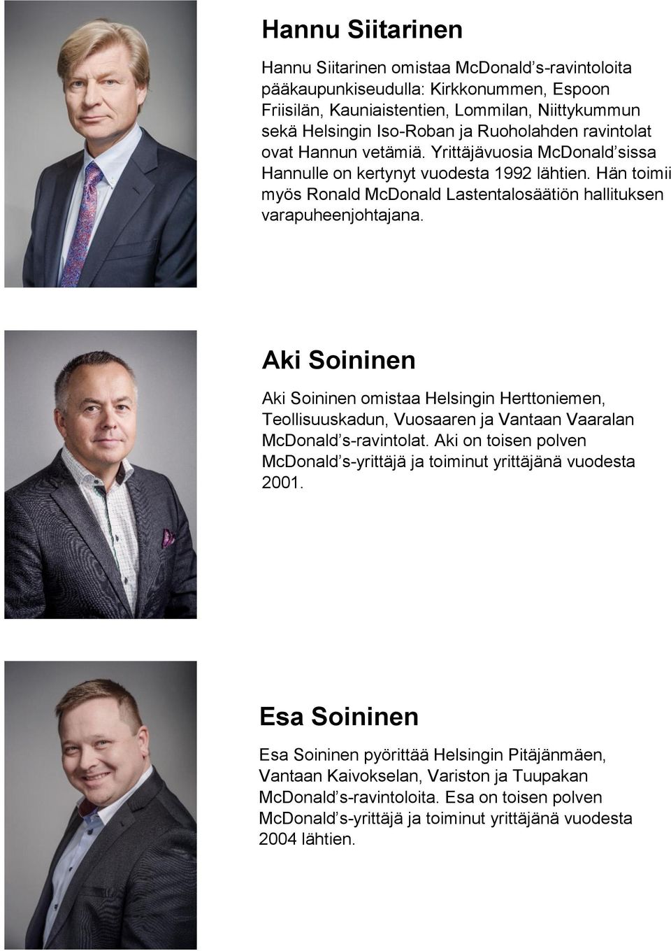 Aki Soininen Aki Soininen omistaa Helsingin Herttoniemen, Teollisuuskadun, Vuosaaren ja Vantaan Vaaralan McDonald s-ravintolat.