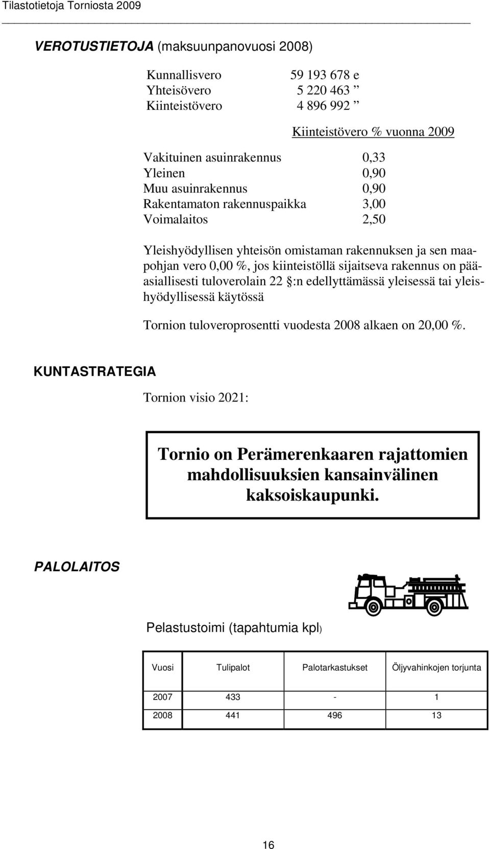 pääasiallisesti tuloverolain 22 :n edellyttämässä yleisessä tai yleishyödyllisessä käytössä Tornion tuloveroprosentti vuodesta 2008 alkaen on 20,00 %.