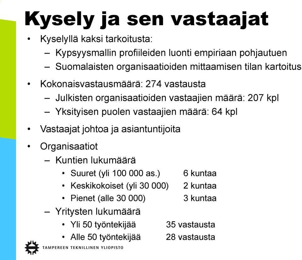 vastaajien määrä: 64 kpl Vastaajat johtoa ja asiantuntijoita Organisaatiot Kuntien lukumäärä Suuret (yli 100 000 as.