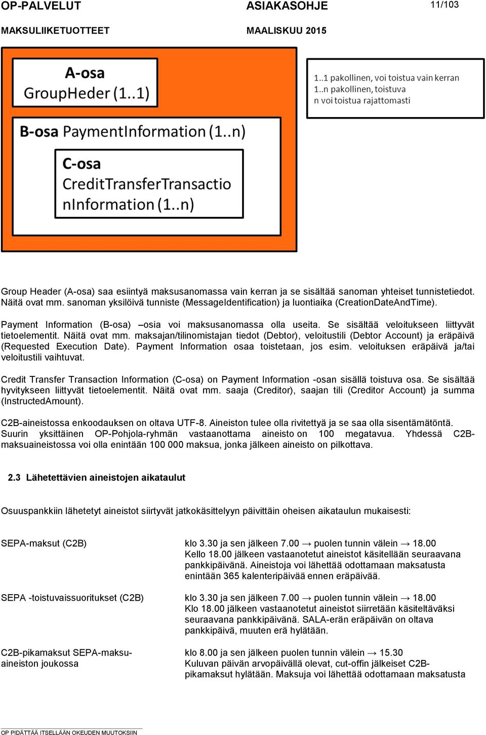 veloitustili (Debtor Account) ja eräpäivä (Requested Execution Date) Payment Information osaa toistetaan, jos esim veloituksen eräpäivä ja/tai veloitustili vaihtuvat Credit Transfer Transaction