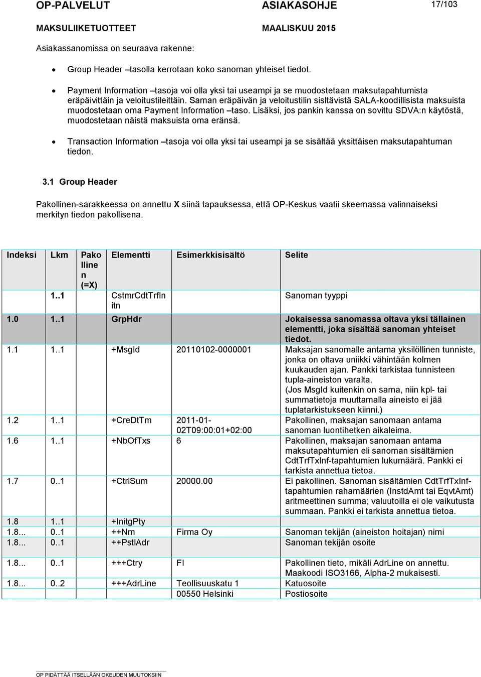 käytöstä, muodostetaan näistä maksuista oma eränsä Transaction Information tasoja voi olla yksi tai useampi ja se sisältää yksittäisen maksutapahtuman tiedon 31 Group Header Pakollinen-sarakkeessa on