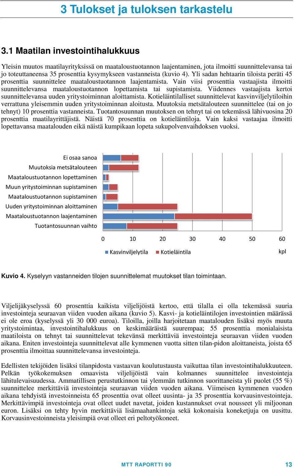 (kuvio 4). Yli sadan hehtaarin tiloista peräti 45 prosenttia suunnittelee maataloustuotannon laajentamista.