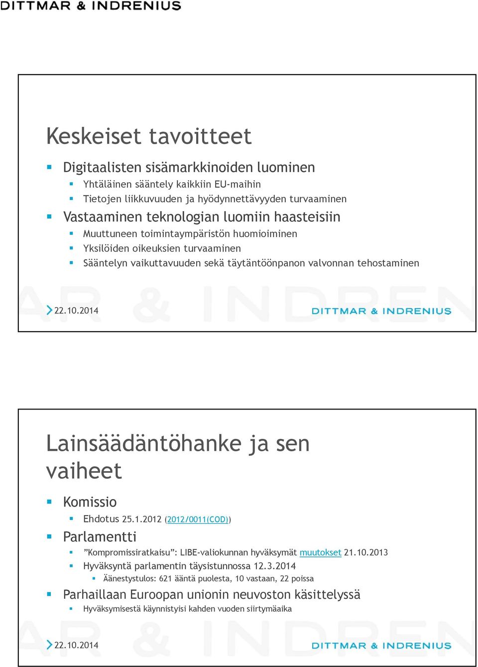 Lainsäädäntöhanke ja sen vaiheet Komissio Ehdotus 25.1.2012 (2012/0011(COD)) Parlamentti Kompromissiratkaisu : LIBE-valiokunnan hyväksymät muutokset 21.10.