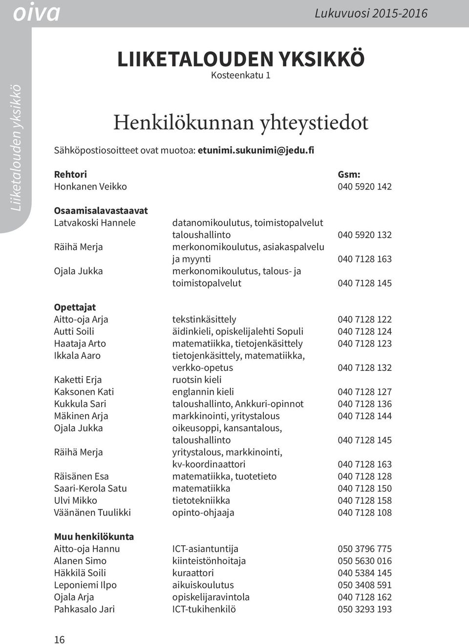 asiakaspalvelu ja myynti 040 7128 163 merkonomikoulutus, talous- ja toimistopalvelut 040 7128 145 Opettajat Aitto-oja Arja tekstinkäsittely 040 7128 122 Autti Soili äidinkieli, opiskelijalehti Sopuli