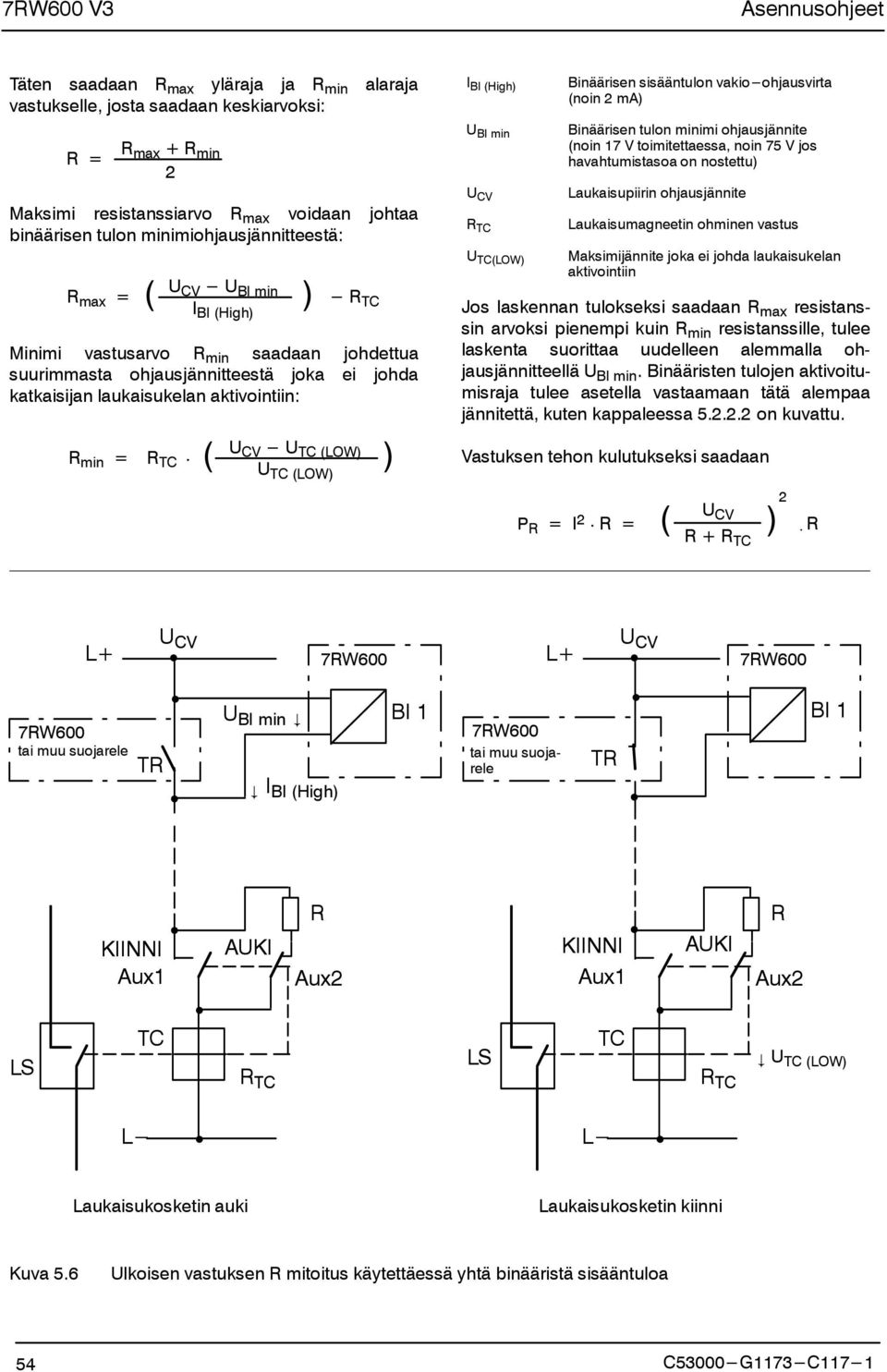 CV U R TC (LOW) min = R TC ( U TC (LOW) ) I BI (High) U BI min U CV R TC U TC(LOW) Binäärisen sisääntulon vakio ohjausvirta (noin 2 ma) Binäärisen tulon minimi ohjausjännite (noin 17 V