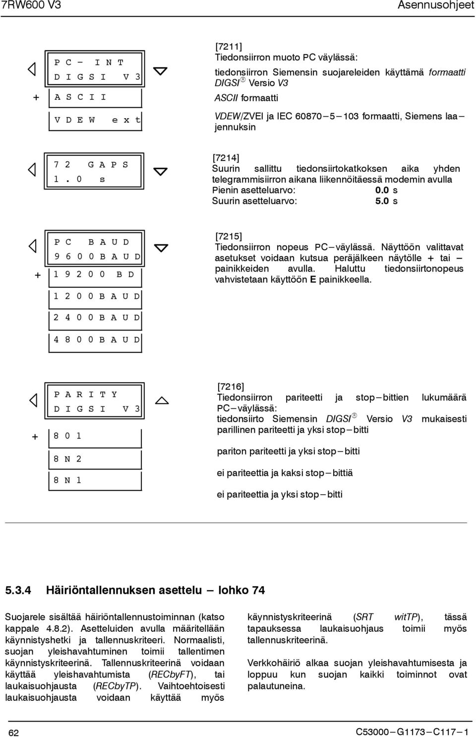 0 s [7214] Suurin sallittu tiedonsiirtokatkoksen aika yhden telegrammisiirron aikana liikennöitäessä modemin avulla Pienin asetteluarvo: 0.0 s Suurin asetteluarvo: 5.