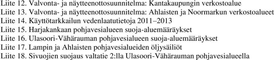 Käyttötarkkailun vedenlaatutietoja 2011 2013 Liite 15. Harjakankaan pohjavesialueen suoja-aluemääräykset Liite 16.