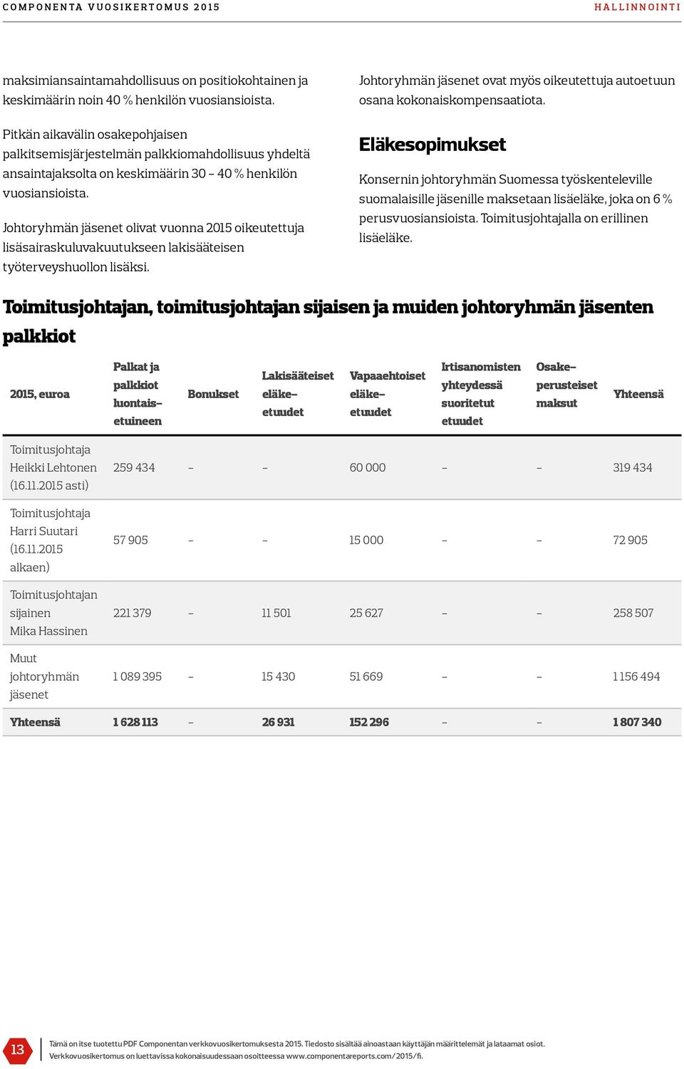 Johtoryhmän jäsenet olivat vuonna 2015 oikeutettuja lisäsairaskuluvakuutukseen lakisääteisen työterveyshuollon lisäksi.