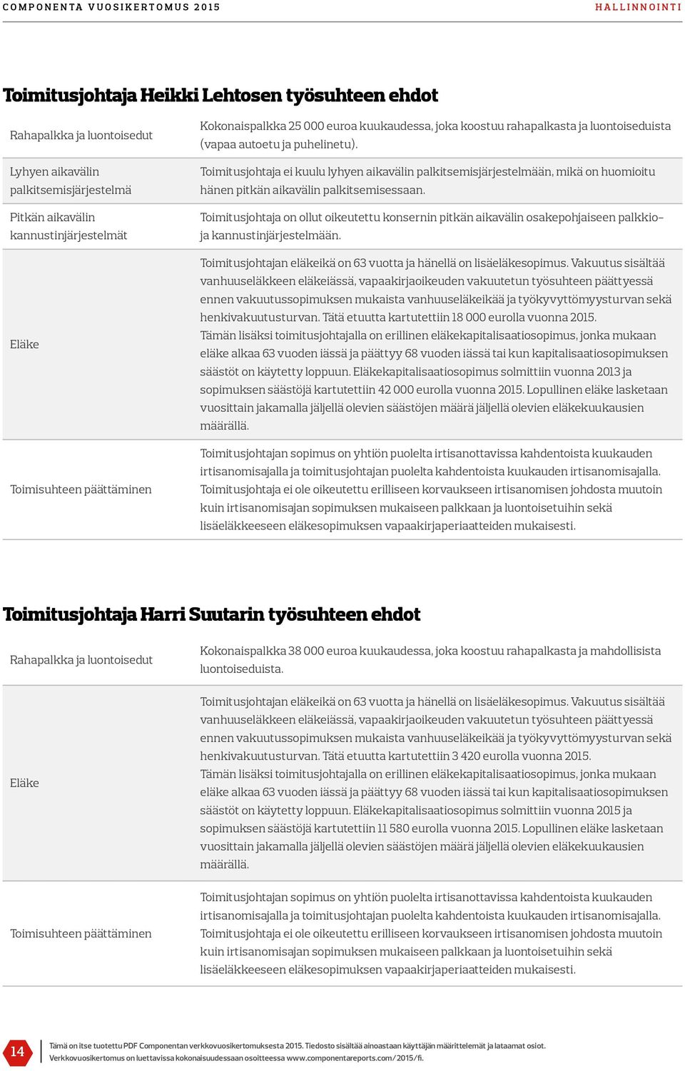 Toimitusjohtaja ei kuulu lyhyen aikavälin palkitsemisjärjestelmään, mikä on huomioitu hänen pitkän aikavälin palkitsemisessaan.