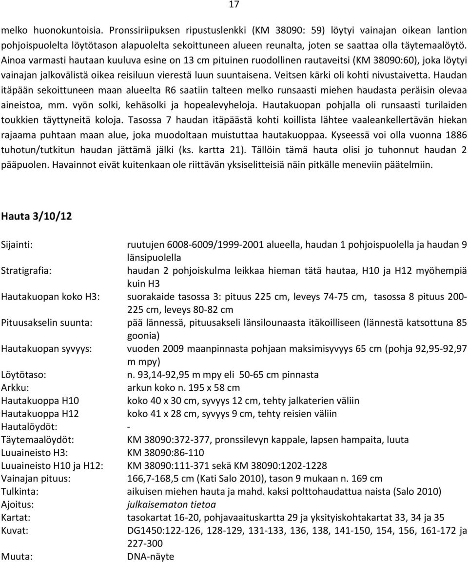 Ainoa varmasti hautaan kuuluva esine on 13 cm pituinen ruodollinen rautaveitsi (KM 38090:60), joka löytyi vainajan jalkovälistä oikea reisiluun vierestä luun suuntaisena.