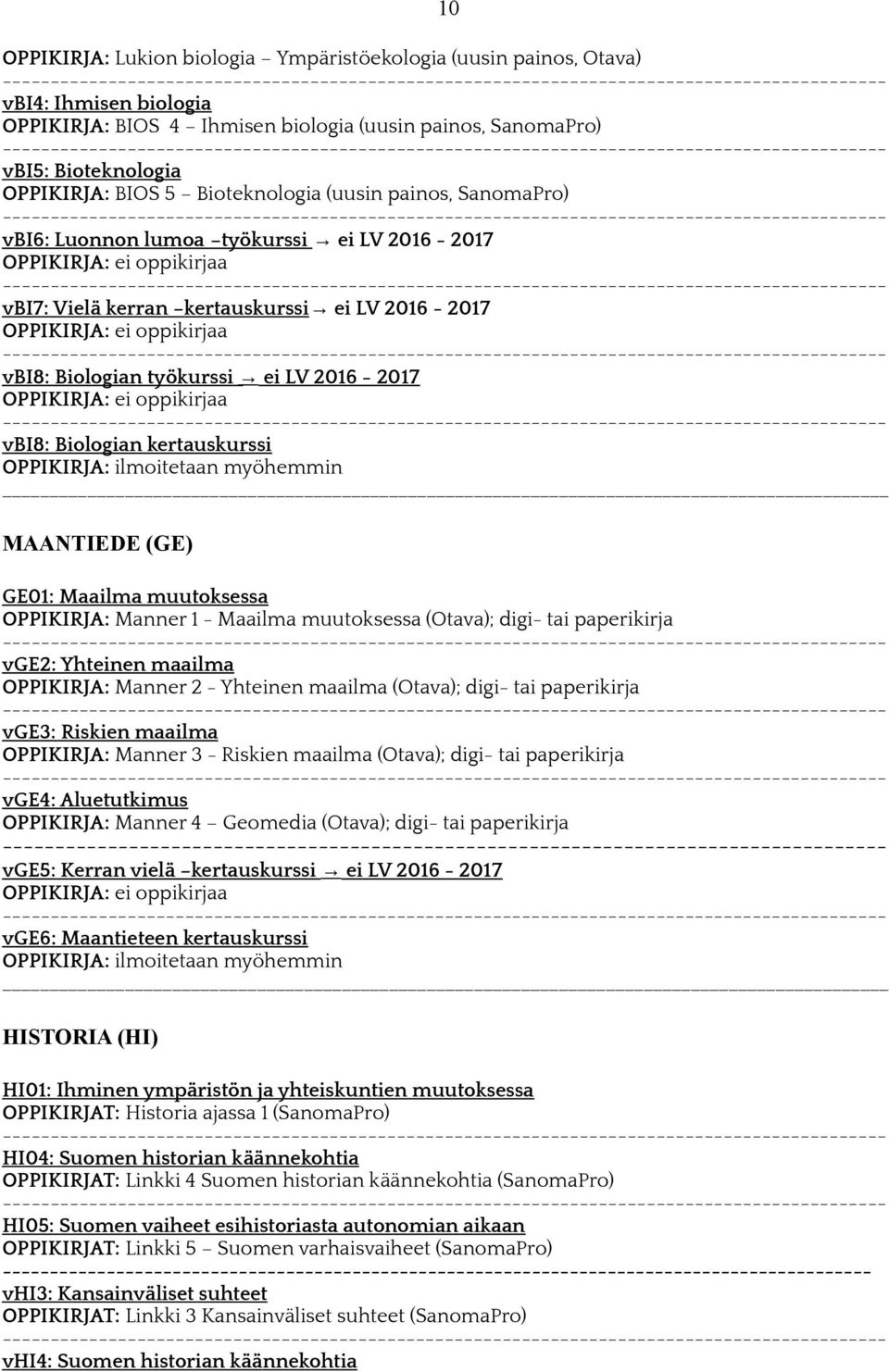 kertauskurssi OPPIKIRJA: ilmoitetaan myöhemmin MAANTIEDE (GE) GE01: Maailma muutoksessa OPPIKIRJA: Manner 1 - Maailma muutoksessa (Otava); digi- tai paperikirja vge2: Yhteinen maailma OPPIKIRJA: