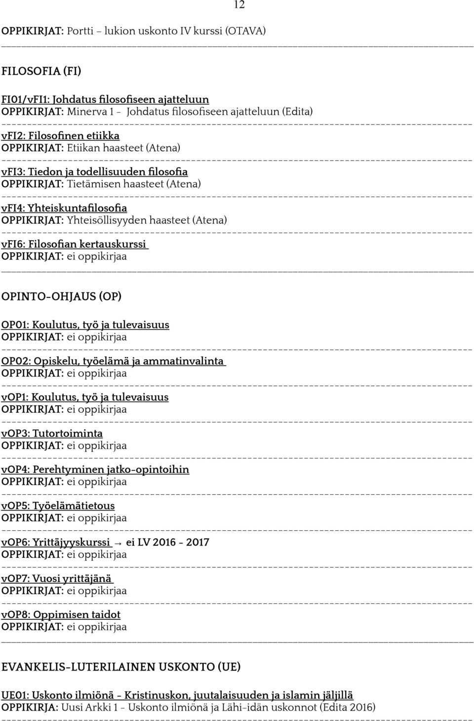 vfi6: Filosofian kertauskurssi OPINTO-OHJAUS (OP) OP01: Koulutus, työ ja tulevaisuus OP02: Opiskelu, työelämä ja ammatinvalinta vop1: Koulutus, työ ja tulevaisuus vop3: Tutortoiminta vop4: