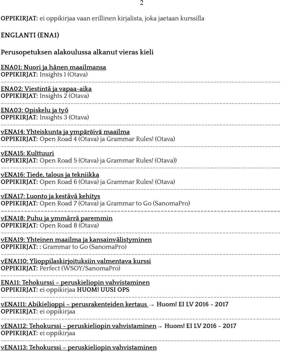 (Otava) vena15: Kulttuuri OPPIKIRJAT: Open Road 5 (Otava) ja Grammar Rules! (Otava)) vena16: Tiede, talous ja tekniikka OPPIKIRJAT: Open Road 6 (Otava) ja Grammar Rules!