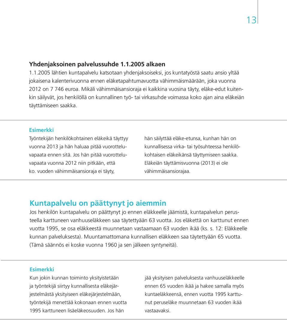 Esimerkki Työntekijän henkilökohtainen eläkeikä täyttyy vuonna 2013 ja hän haluaa pitää vuorotteluvapaata ennen sitä. Jos hän pitää vuorotteluvapaata vuonna 2012 niin pitkään, että ko.