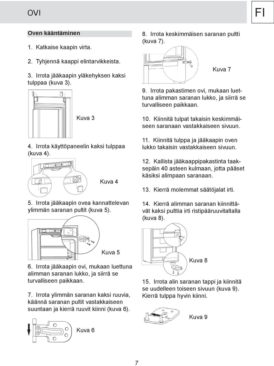 Irrota pakastimen ovi, mukaan luettuna alimman saranan lukko, ja siirrä se turvalliseen paikkaan. 10. Kiinnitä tulpat takaisin keskimmäiseen saranaan vastakkaiseen sivuun. 11.