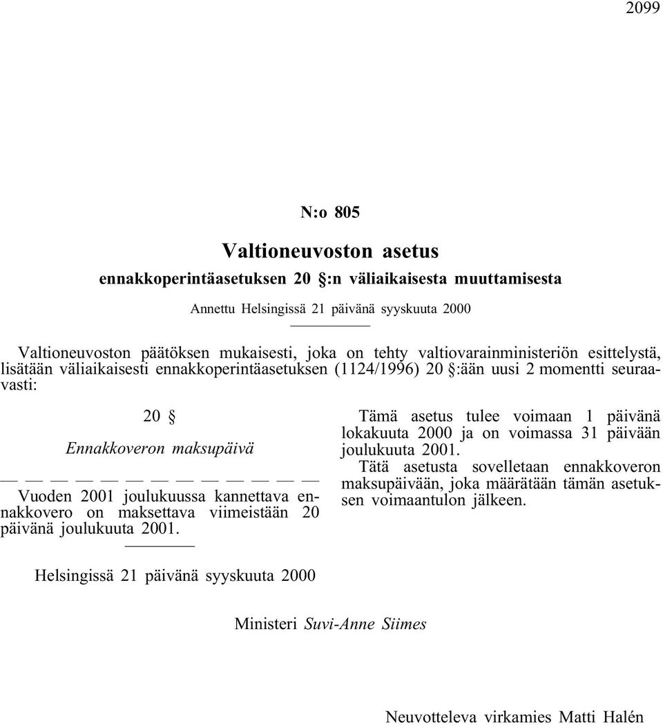 joulukuussa kannettava ennakkovero on maksettava viimeistään 20 päivänä joulukuuta 2001. Tämä asetus tulee voimaan 1 päivänä lokakuuta 2000 ja on voimassa 31 päivään joulukuuta 2001.