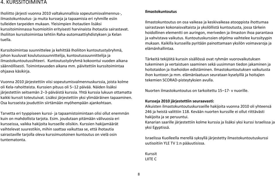 Kurssitoimintaa suunnittelee ja kehittää Iholiiton kuntoutustyöryhmä, johon kuuluvat koulutussuunnittelija, kuntoutussuunnittelija ja ilmastokuntoutussihteeri.