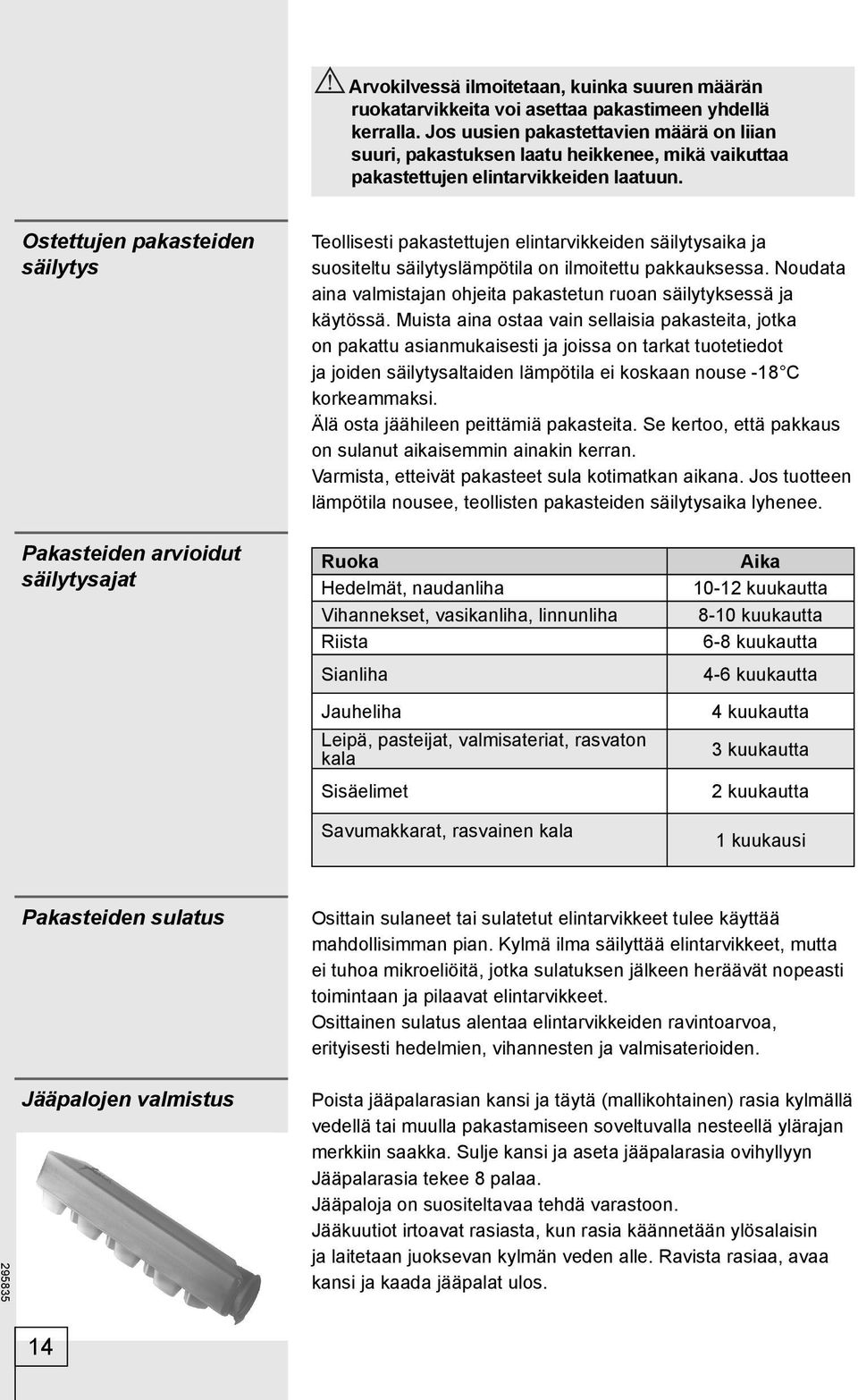 Ostettujen pakasteiden säilytys Teollisesti pakastettujen elintarvikkeiden säilytysaika ja suositeltu säilytyslämpötila on ilmoitettu pakkauksessa.