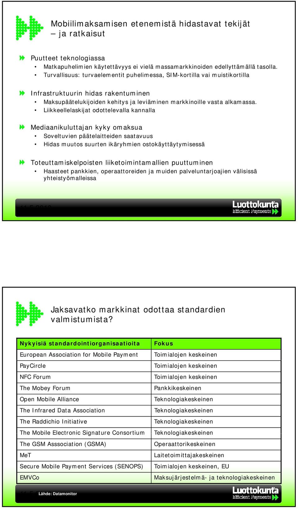 Liikkeellelaskijat odottelevalla kannalla Mediaanikuluttajan kyky omaksua Soveltuvien päätelaitteiden saatavuus Hidas muutos suurten ikäryhmien ostokäyttäytymisessä Toteuttamiskelpoisten