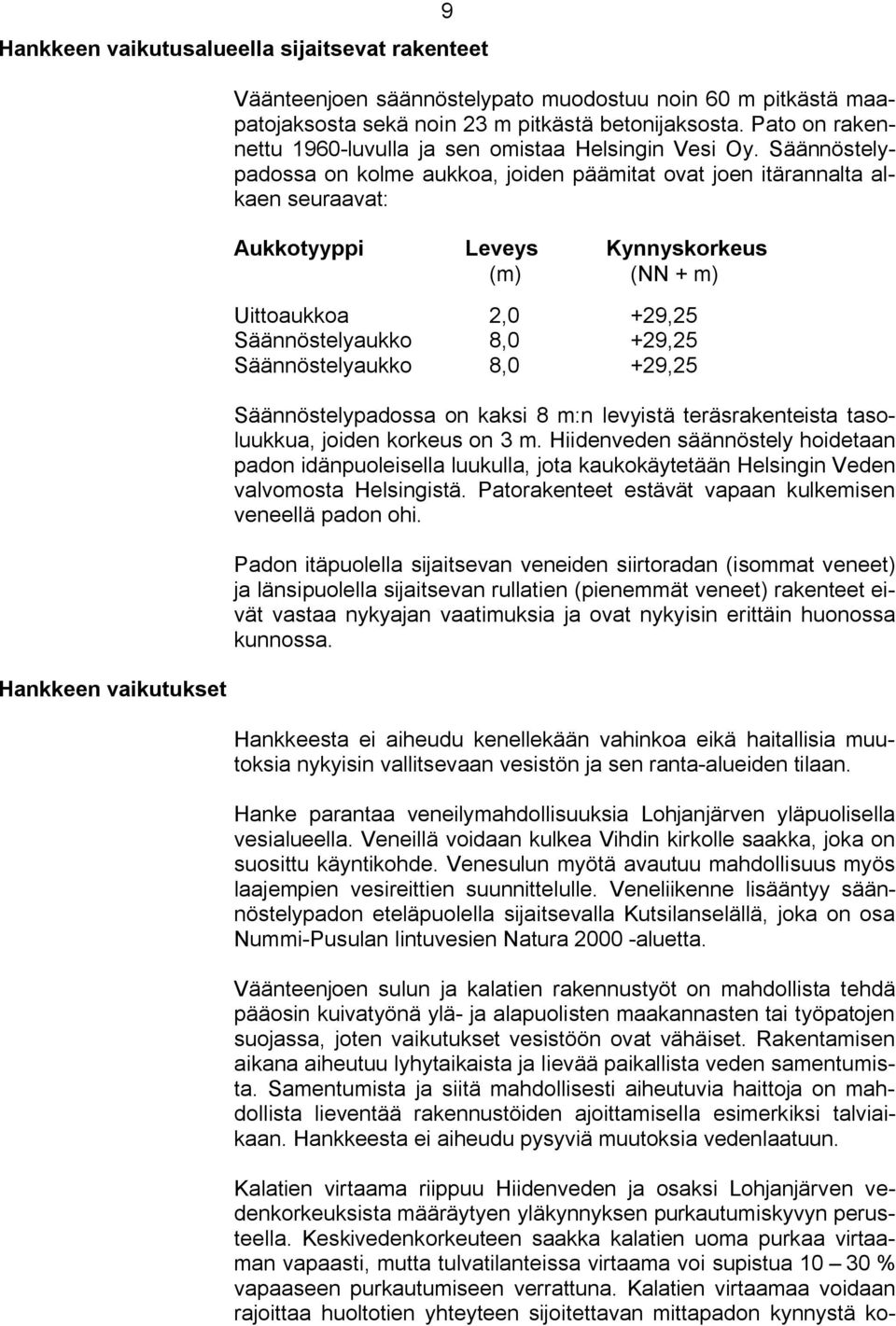 Säännöstelypadossa on kolme aukkoa, joiden päämitat ovat joen itärannalta alkaen seuraavat: Aukkotyyppi Leveys Kynnyskorkeus (m) (NN + m) Uittoaukkoa 2,0 +29,25 Säännöstelyaukko 8,0 +29,25