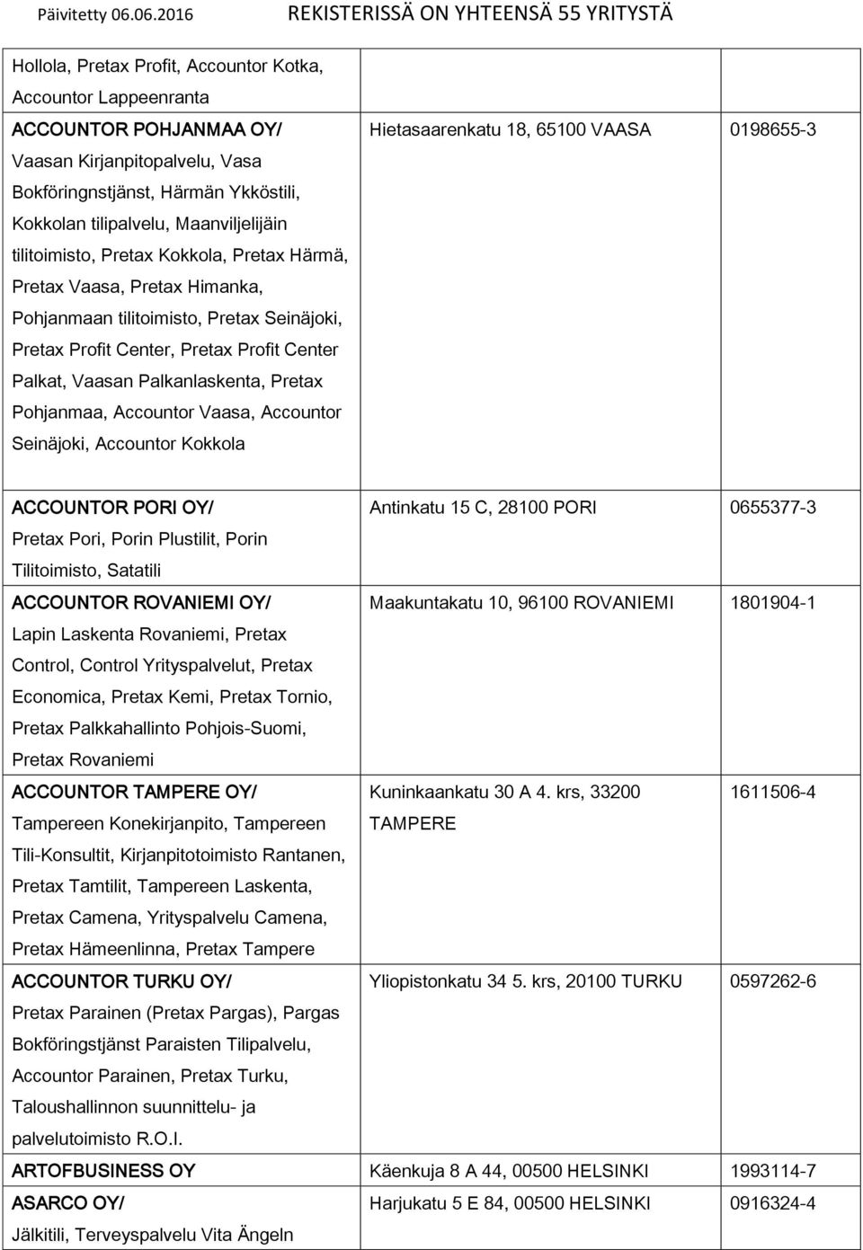 Pohjanmaa, Accountor Vaasa, Accountor Seinäjoki, Accountor Kokkola Hietasaarenkatu 18, 65100 VAASA 0198655-3 ACCOUNTOR PORI OY/ Antinkatu 15 C, 28100 PORI 0655377-3 Pretax Pori, Porin Plustilit,