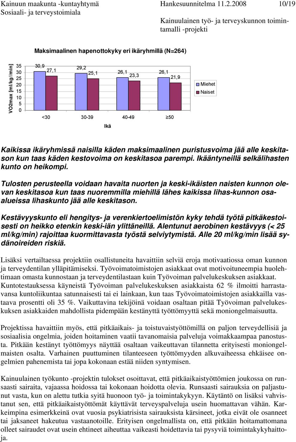 maksimaalinen puristusvoima jää alle keskitason kun taas käden kestovoima on keskitasoa parempi. Ikääntyneillä selkälihasten kunto on heikompi.