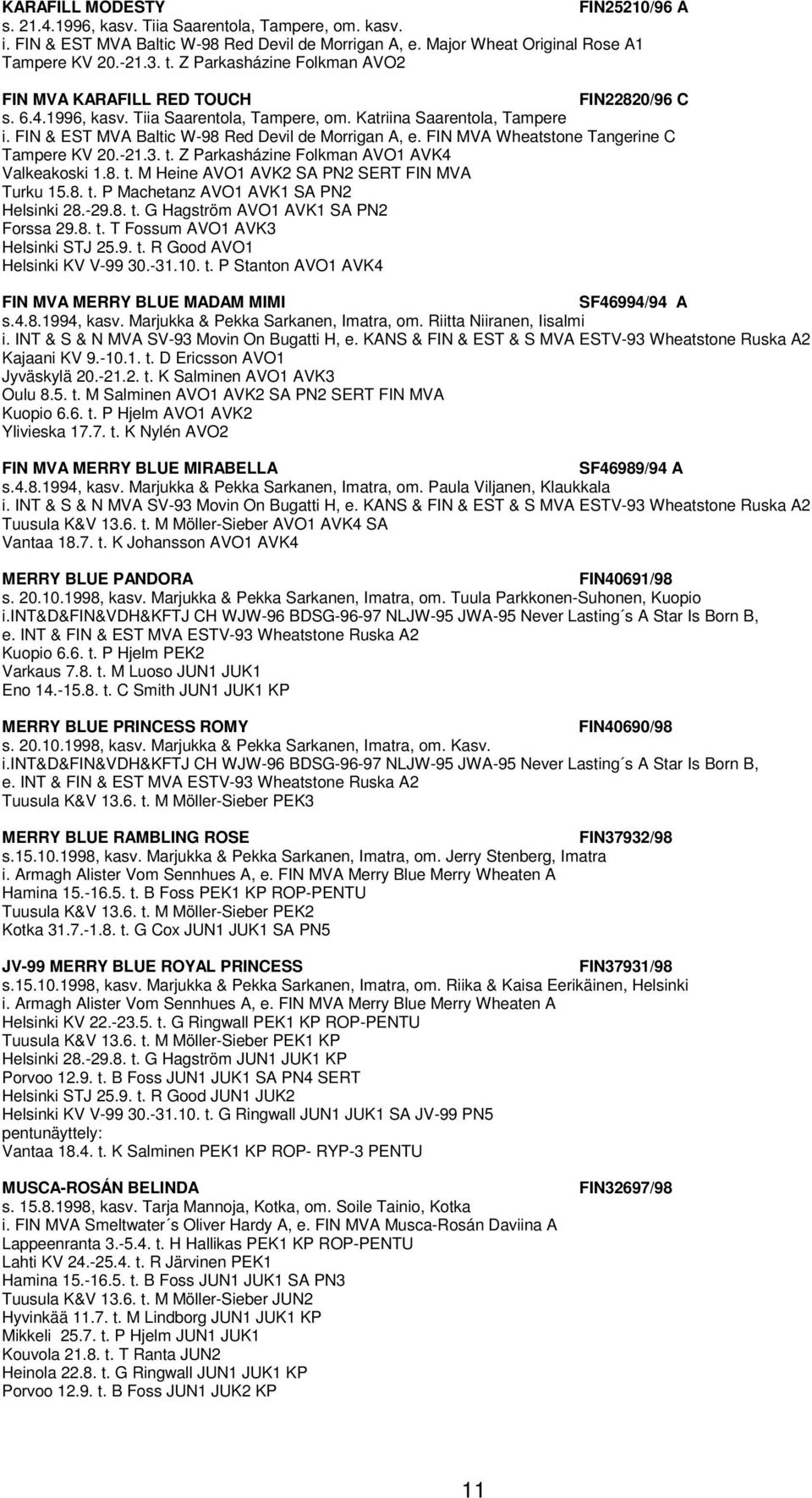 FIN & EST MVA Baltic W-98 Red Devil de Morrigan A, e. FIN MVA Wheatstone Tangerine C Tampere KV 20.-21.3. t. Z Parkasházine Folkman AVO1 AVK4 Valkeakoski 1.8. t. M Heine AVO1 AVK2 SA PN2 SERT FIN MVA Turku 15.