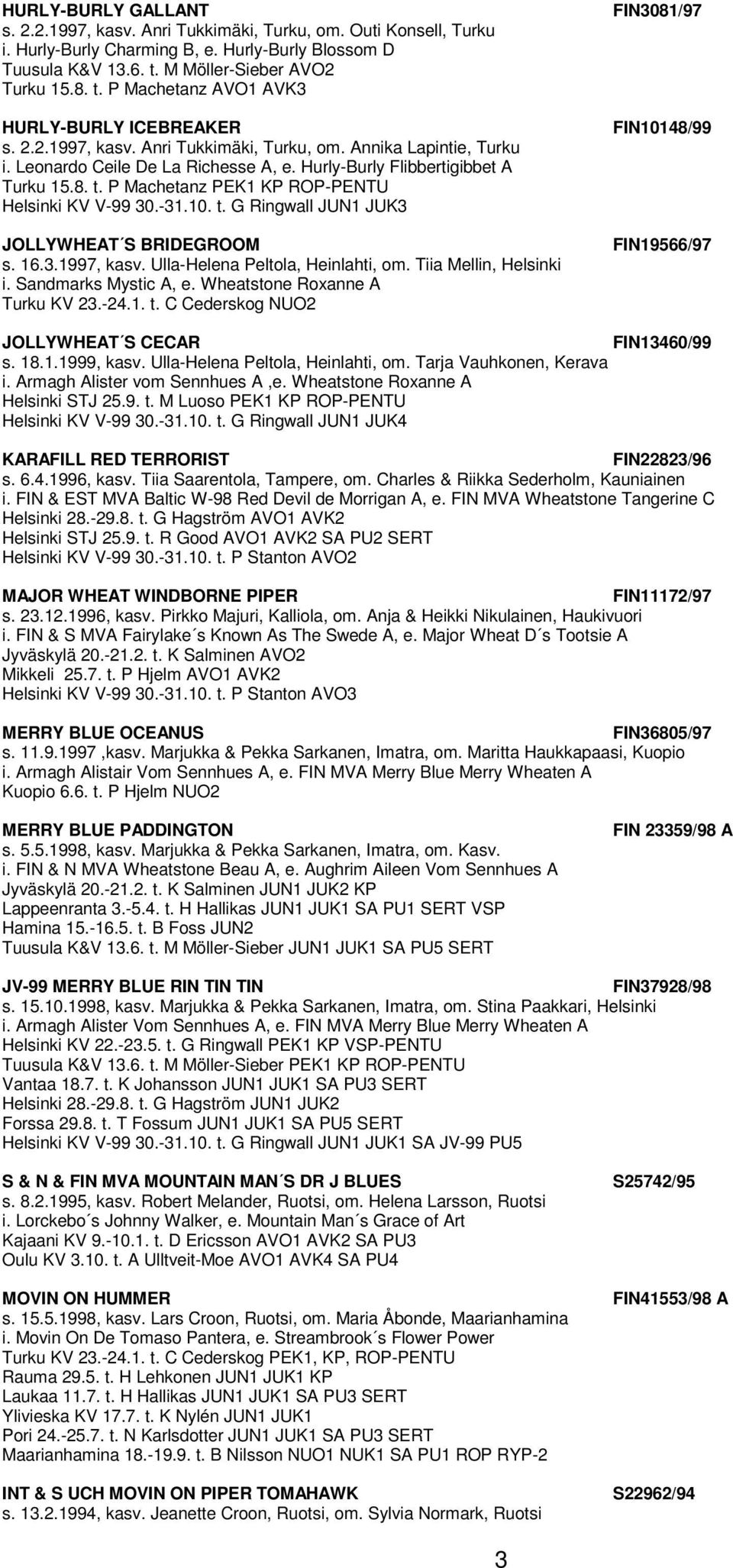Hurly-Burly Flibbertigibbet A Turku 15.8. t. P Machetanz PEK1 KP ROP-PENTU Helsinki KV V-99 30.-31.10. t. G Ringwall JUN1 JUK3 JOLLYWHEAT S BRIDEGROOM s. 16.3.1997, kasv.