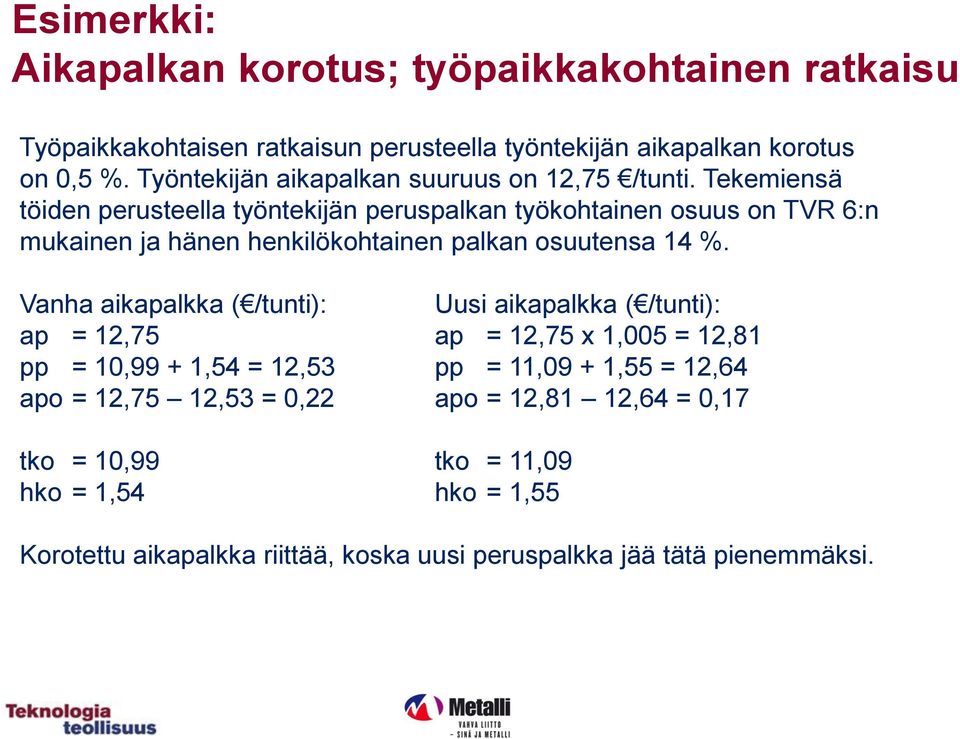 Tekemiensä töiden perusteella työntekijän peruspalkan työkohtainen osuus on TVR 6:n mukainen ja hänen henkilökohtainen palkan osuutensa 14 %.