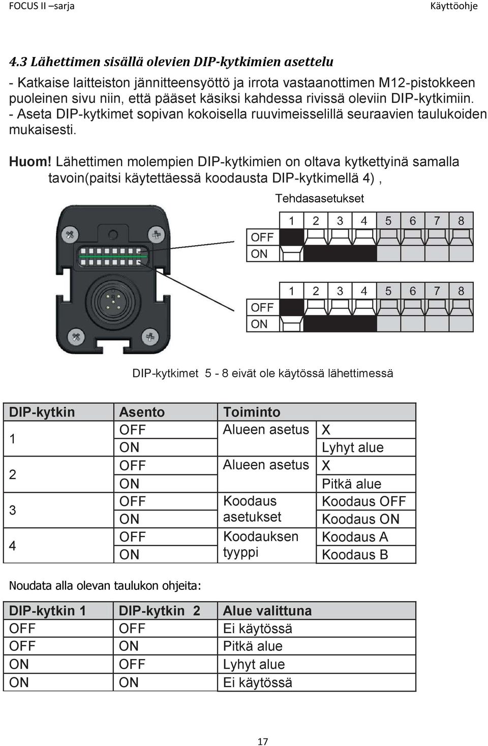 Lähettimen molempien DIP-kytkimien on oltava kytkettyinä samalla tavoin(paitsi käytettäessä koodausta DIP-kytkimellä 4), Tehdasasetukset DIP-kytkimet 5-8 eivät ole käytössä lähettimessä DIP-kytkin