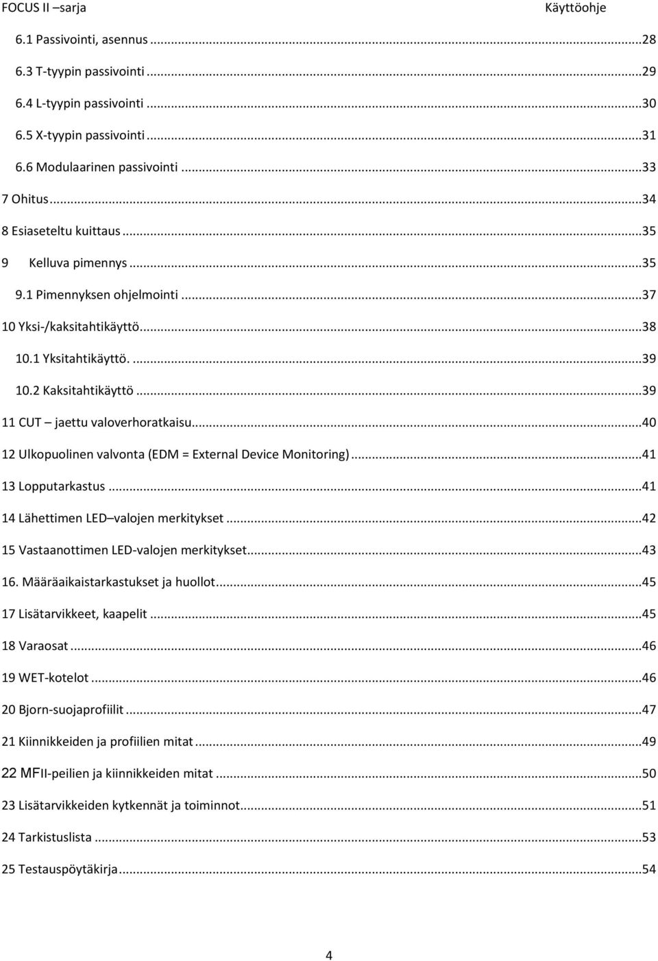 .. 40 12 Ulkopuolinen valvonta (EDM = External Device Monitoring)... 41 13 Lopputarkastus... 41 14 Lähettimen LED valojen merkitykset... 42 15 Vastaanottimen LED-valojen merkitykset... 43 16.