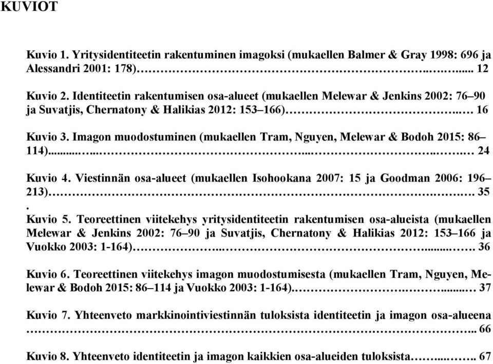 Imagon muodostuminen (mukaellen Tram, Nguyen, Melewar & Bodoh 2015: 86 114)............ 24 Kuvio 4. Viestinnän osa-alueet (mukaellen Isohookana 2007: 15 ja Goodman 2006: 196 213)... 35. Kuvio 5.